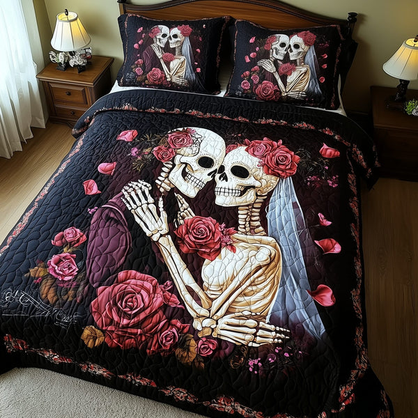 Mystique Skull Couple quilted 3-piece bedding set on a made bed against a dark styled interior