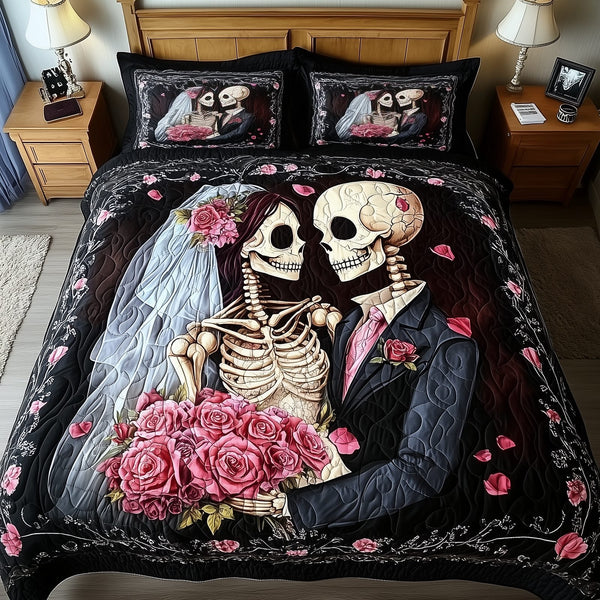 Mystique Skull Couple quilted 3-piece bedding set on a made bed against a dark styled interior