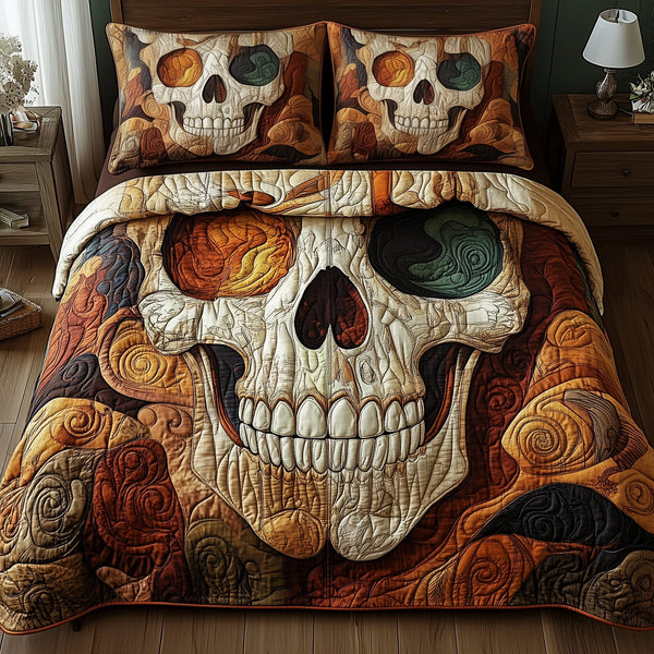 Mystique Skull quilted 3-piece bedding set on a made bed against a dark styled interior