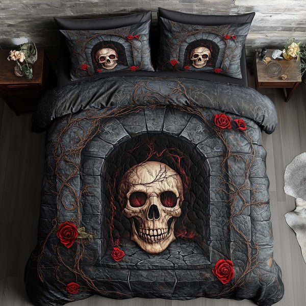Mystique Solo Skull quilted 3-piece bedding set on a made bed against a dark styled interior