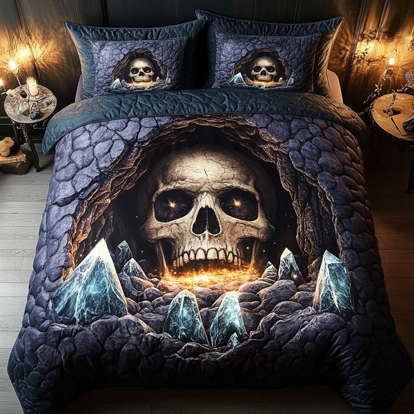 Mystique Solo Skull quilted 3-piece bedding set on a made bed against a dark styled interior
