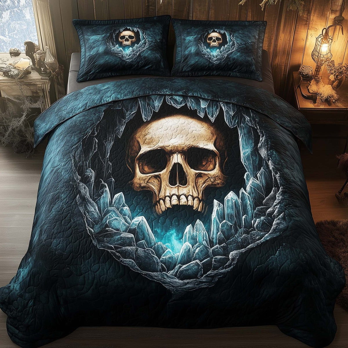 Mystique Solo Skull quilted 3-piece bedding set on a made bed against a dark styled interior