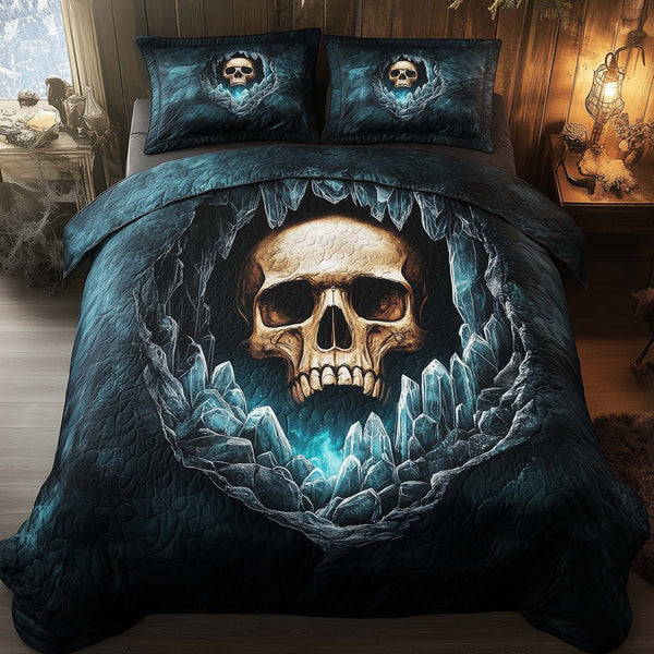 Mystique Solo Skull quilted 3-piece bedding set on a made bed against a dark styled interior