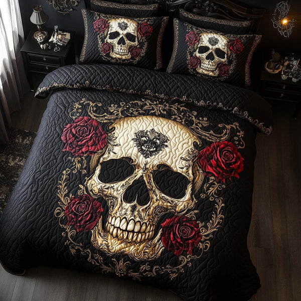 Mystique Solo Skull quilted 3-piece bedding set on a made bed against a dark styled interior