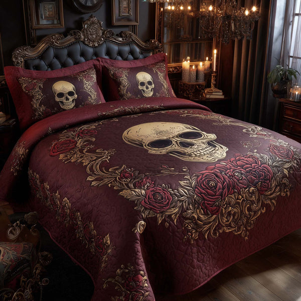 Mystique Solo Skull quilted 3-piece bedding set on a made bed against a dark styled interior