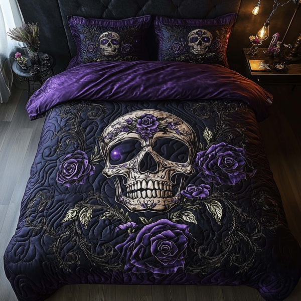 Mystique Solo Skull quilted 3-piece bedding set on a made bed against a dark styled interior