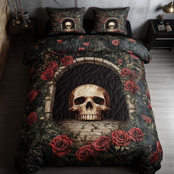Mystique Solo Skull quilted 3-piece bedding set on a made bed against a dark styled interior
