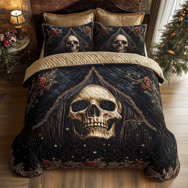 Mystique Solo Skull quilted 3-piece bedding set on a made bed against a dark styled interior