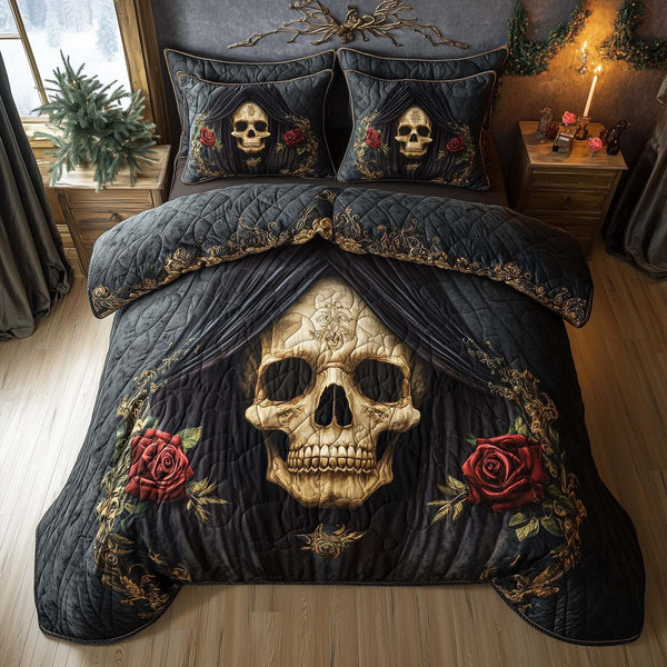 Mystique Solo Skull quilted 3-piece bedding set on a made bed against a dark styled interior