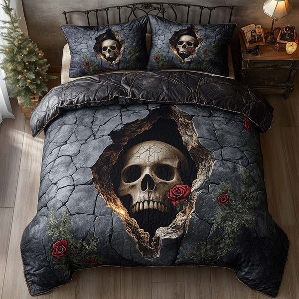Mystique Solo Skull quilted 3-piece bedding set on a made bed against a dark styled interior