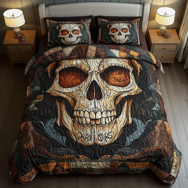 Mystique Solo Skull quilted 3-piece bedding set on a made bed against a dark styled interior
