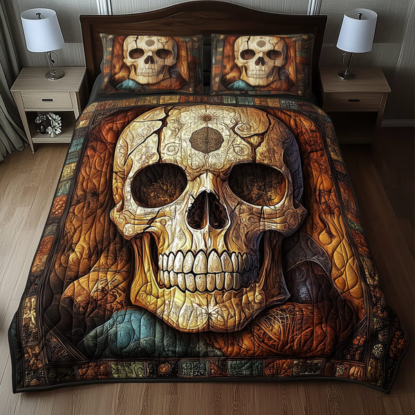 Mystique Solo Skull quilted 3-piece bedding set on a made bed against a dark styled interior