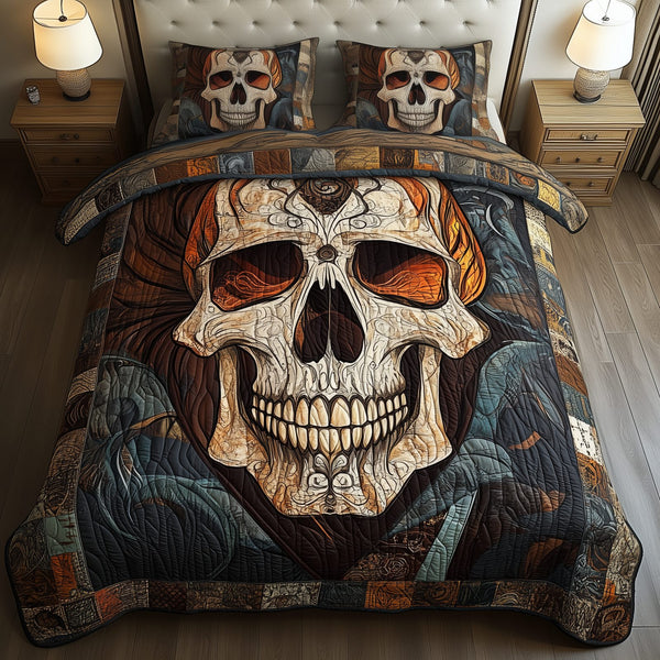 Mystique Solo Skull quilted 3-piece bedding set on a made bed against a dark styled interior