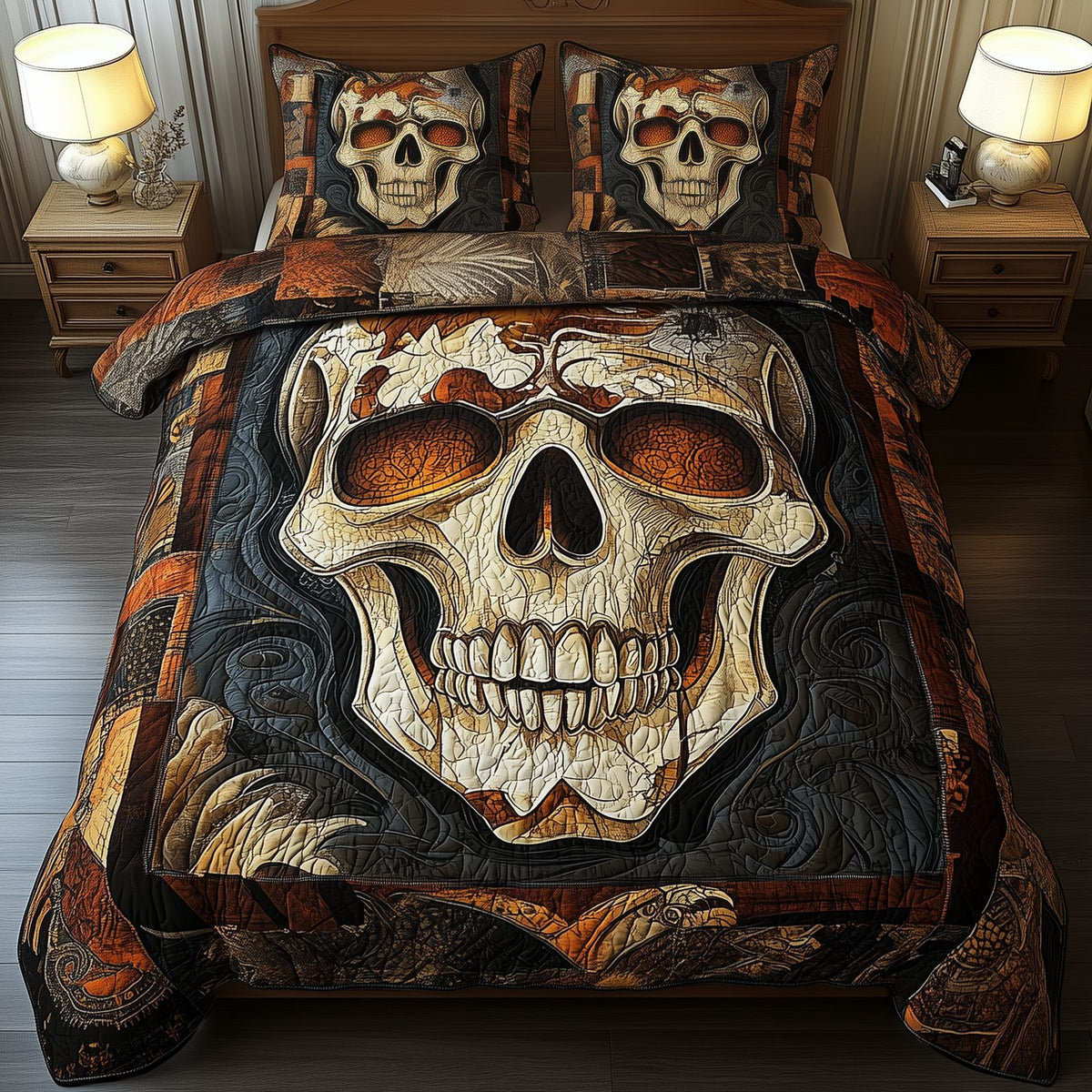Mystique Solo Skull quilted 3-piece bedding set on a made bed against a dark styled interior