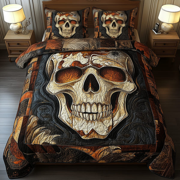 Mystique Solo Skull quilted 3-piece bedding set on a made bed against a dark styled interior