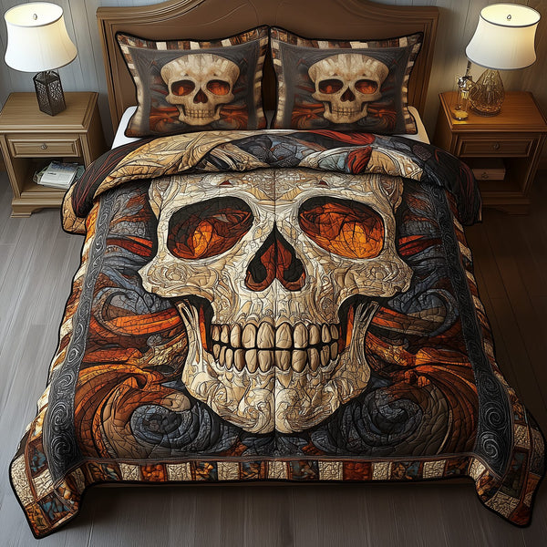 Mystique Solo Skull quilted 3-piece bedding set on a made bed against a dark styled interior