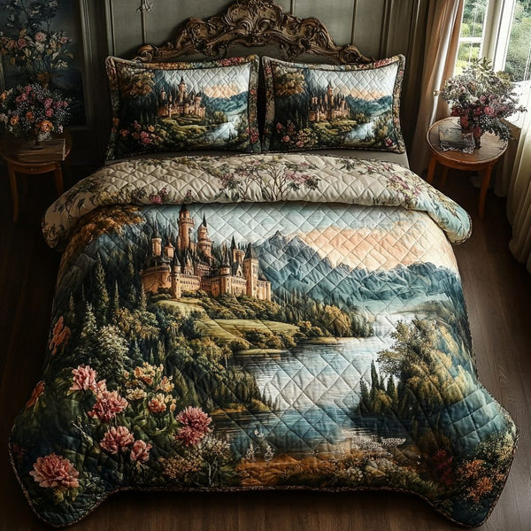 Mythic Highlands quilted 3-piece bedding set on a made bed with two matching pillow shams
