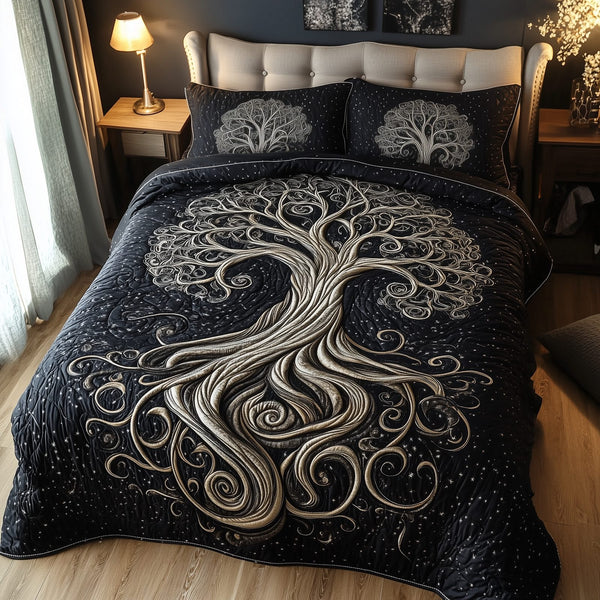Mythic Tree of Life quilted 3-piece bedding set on a made bed with two matching pillow shams