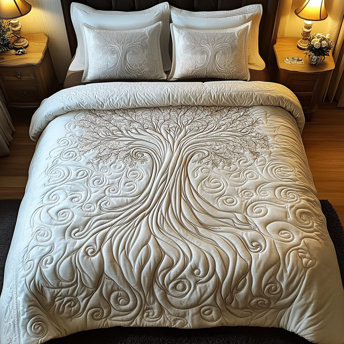 Mythic Tree of Life quilted 3-piece bedding set on a made bed with two matching pillow shams