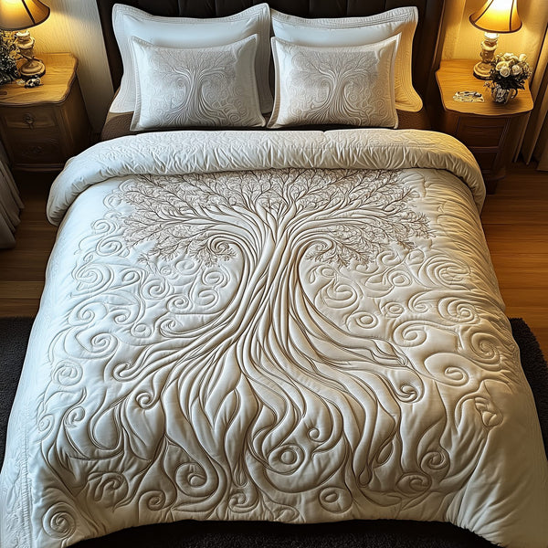Mythic Tree of Life quilted 3-piece bedding set on a made bed with two matching pillow shams