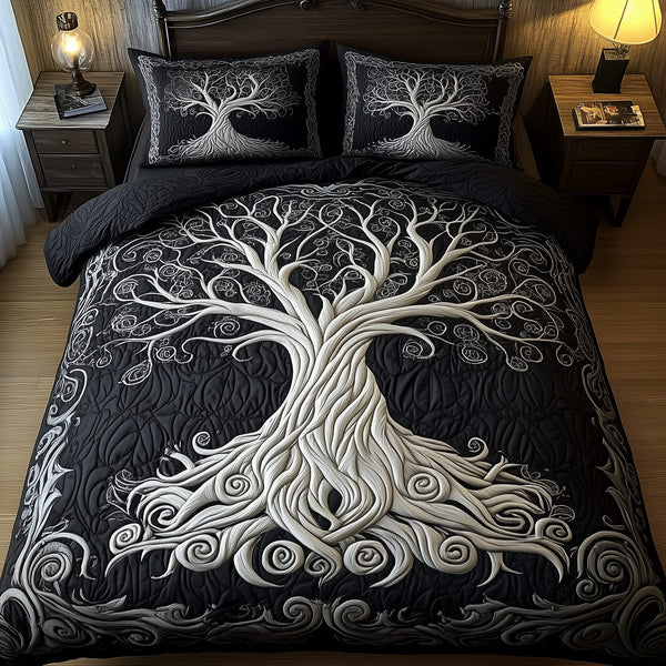 Mythic Tree of Life quilted 3-piece bedding set on a made bed with two matching pillow shams