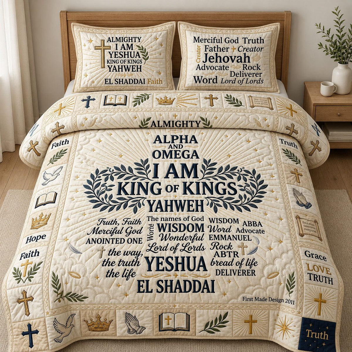 Name Of God quilted 3-piece bedding set on a made bed in a softly lit bedroom