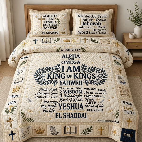 Name Of God quilted 3-piece bedding set on a made bed in a softly lit bedroom