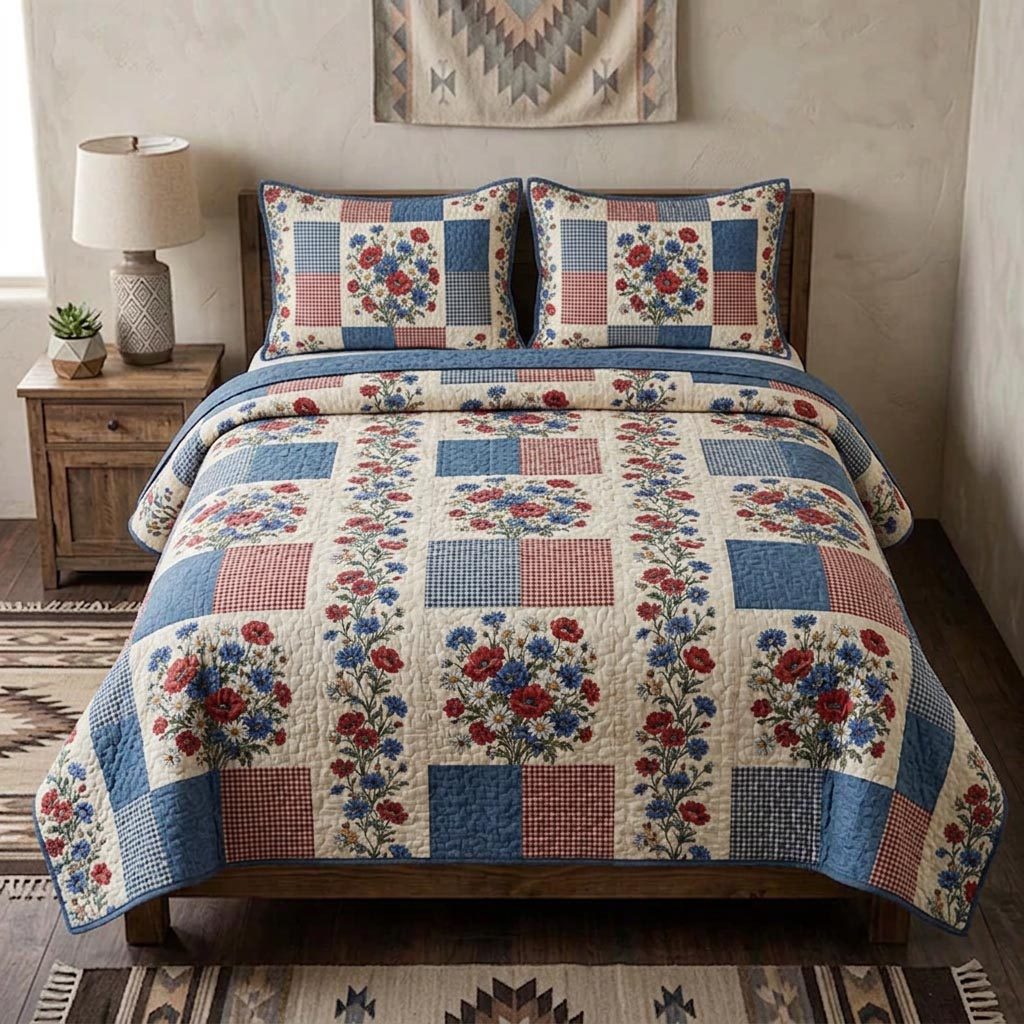Nation Bloom quilted 3-piece bedding set on a made bed with two matching pillow shams