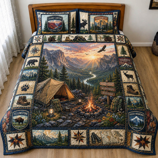 National Parks Camping quilted 3-piece bedding set on a made bed with two matching pillow shams