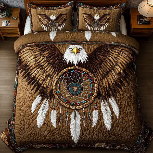 Native American Bald Eagle Dream Catcher quilted 3-piece bedding set on a made bed in a warmly lit bedroom