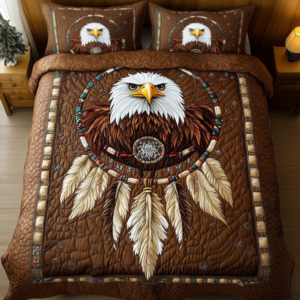 Native American Bald Eagle Dream Catcher quilted 3-piece bedding set on a made bed in a warmly lit bedroom