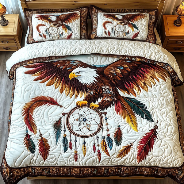 Native American Bald Eagle Dream Catcher quilted 3-piece bedding set on a made bed in a warmly lit bedroom