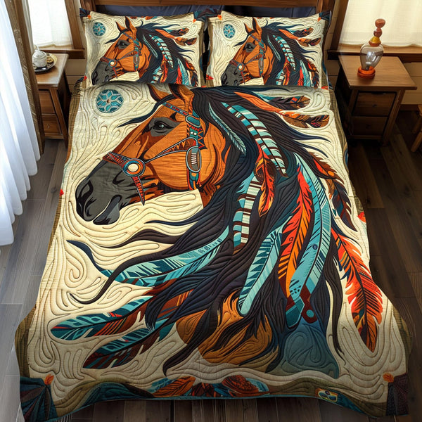 Native American Horse quilted 3-piece bedding set on a made bed in a warmly lit bedroom