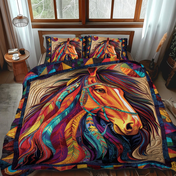 Native American Horse quilted 3-piece bedding set on a made bed in a warmly lit bedroom