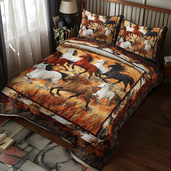 Native American Horse quilted 3-piece bedding set on a made bed in a warmly lit bedroom