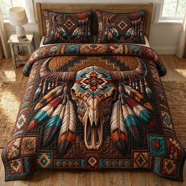 Native American Inspired Longhorn quilted 3-piece bedding set on a made bed in a warmly lit bedroom