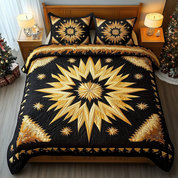Native American quilted 3-piece bedding set on a made bed in a warmly lit bedroom
