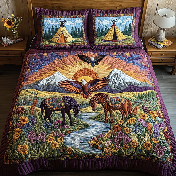 Native American quilted 3-piece bedding set on a made bed in a warmly lit bedroom