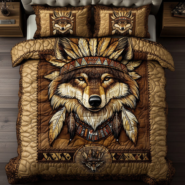 Native American Wolf quilted 3-piece bedding set on a made bed in a warmly lit bedroom