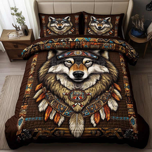 Native American Wolf quilted 3-piece bedding set on a made bed in a warmly lit bedroom