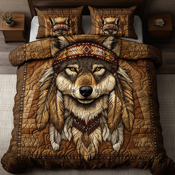 Native American Wolf quilted 3-piece bedding set on a made bed in a warmly lit bedroom