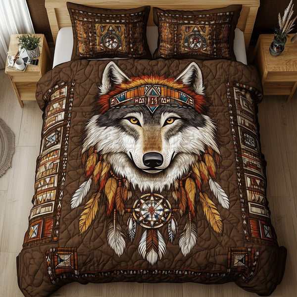 Native American Wolf quilted 3-piece bedding set on a made bed in a warmly lit bedroom