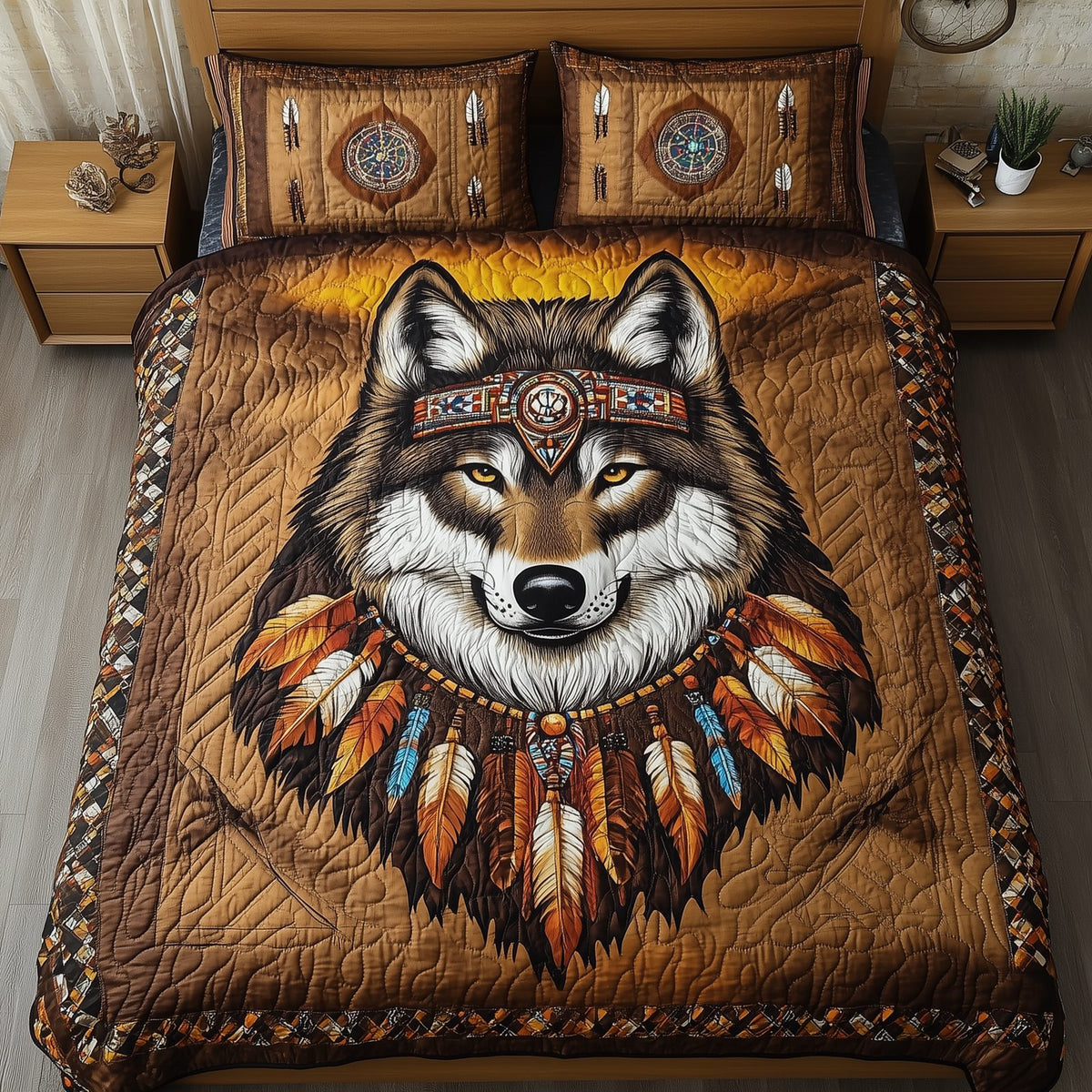 Native American Wolf quilted 3-piece bedding set on a made bed in a warmly lit bedroom