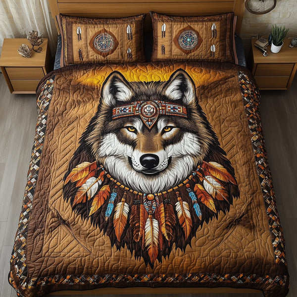 Native American Wolf quilted 3-piece bedding set on a made bed in a warmly lit bedroom