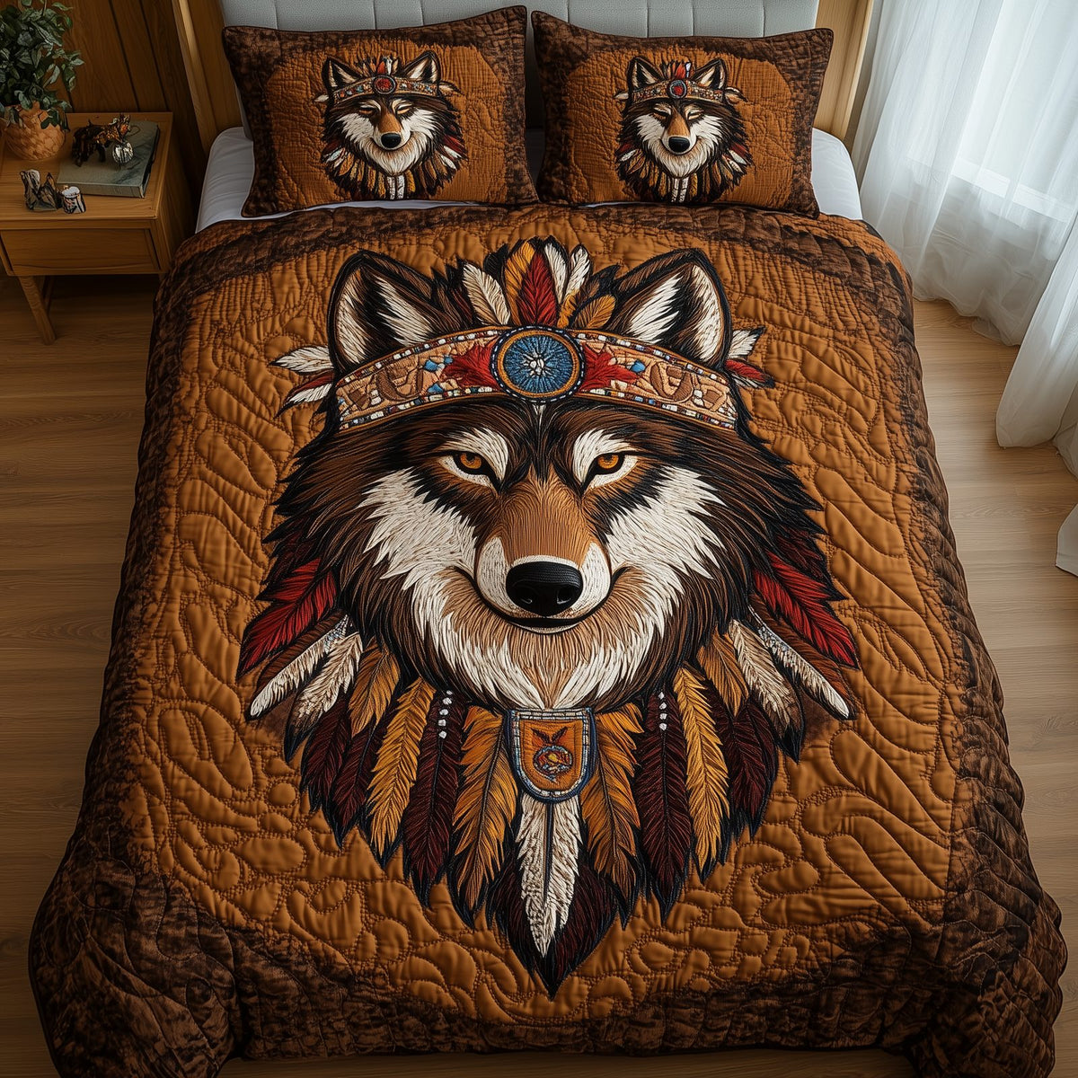 Native American Wolf quilted 3-piece bedding set on a made bed in a warmly lit bedroom