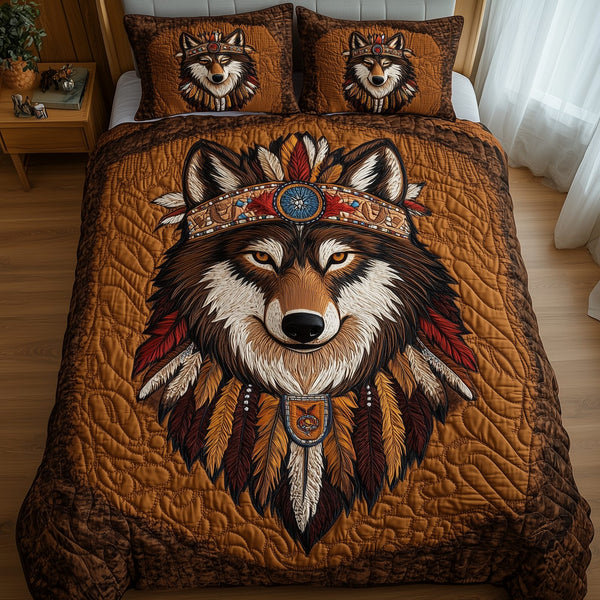 Native American Wolf quilted 3-piece bedding set on a made bed in a warmly lit bedroom