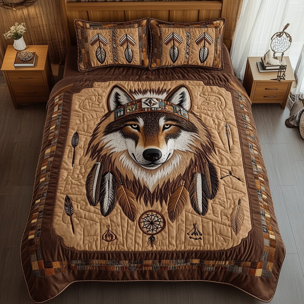 Native American Wolf quilted 3-piece bedding set on a made bed in a warmly lit bedroom