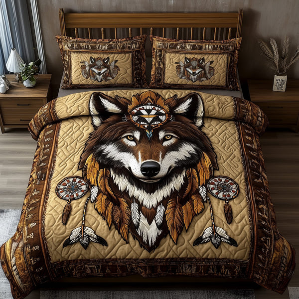 Native American Wolf quilted 3-piece bedding set on a made bed in a warmly lit bedroom