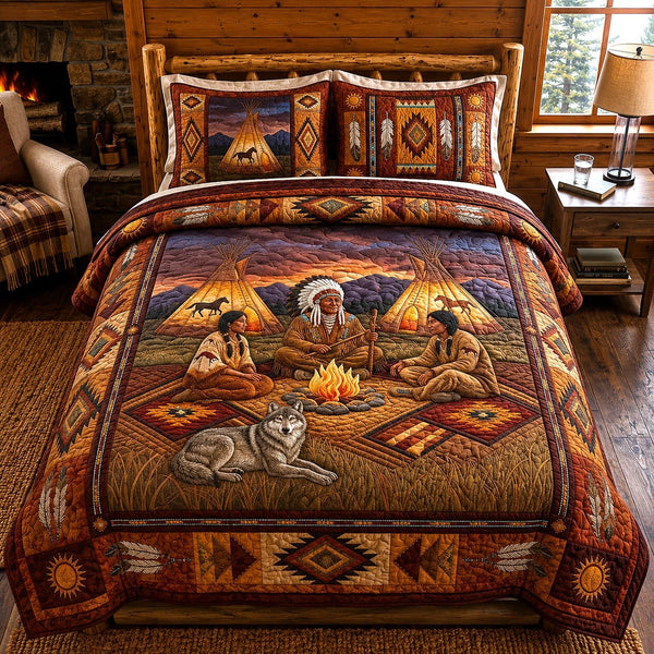 Native Beauty quilted 3-piece bedding set on a made bed with two matching pillow shams