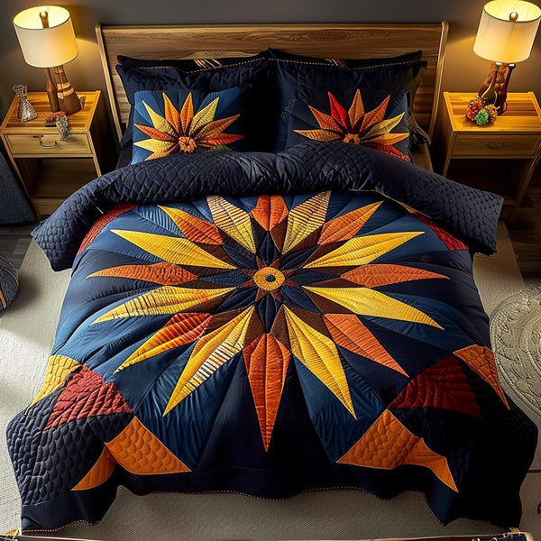 Native Cosmos quilted 3-piece bedding set on a made bed with two matching pillow shams